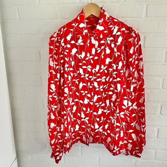 Vintage Blouse Red/Pearly White Iridescent Floral longsleeve Fairy Sz L - Picture 1 of 9